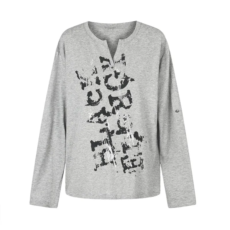 Damen Lässiges Langarmshirt mit Notch‑Ausschnitt, Oversize‑Silhouette und Druckgrafik Nord Taschen