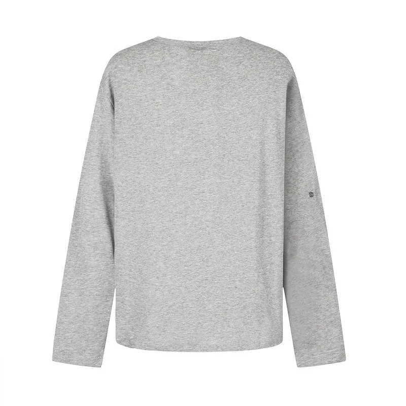Damen Lässiges Langarmshirt mit Notch‑Ausschnitt, Oversize‑Silhouette und Druckgrafik Nord Taschen