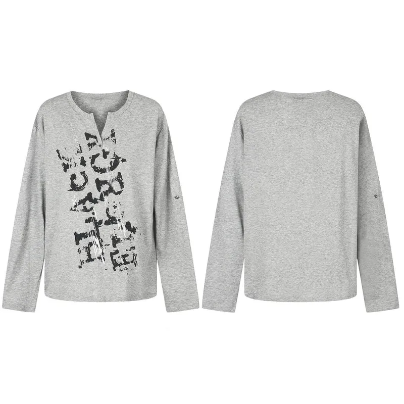 Damen Lässiges Langarmshirt mit Notch‑Ausschnitt, Oversize‑Silhouette und Druckgrafik Nord Taschen