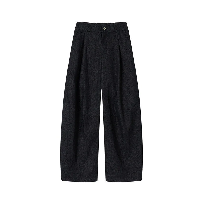Damen Hochtaillierte weite Culotte-Hose aus Denim‑Mix mit Bundfalten und Knopfverschluss Nord Taschen