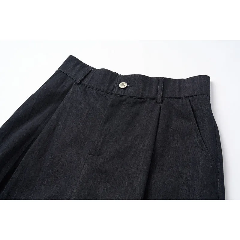 Damen Hochtaillierte weite Culotte-Hose aus Denim‑Mix mit Bundfalten und Knopfverschluss Nord Taschen