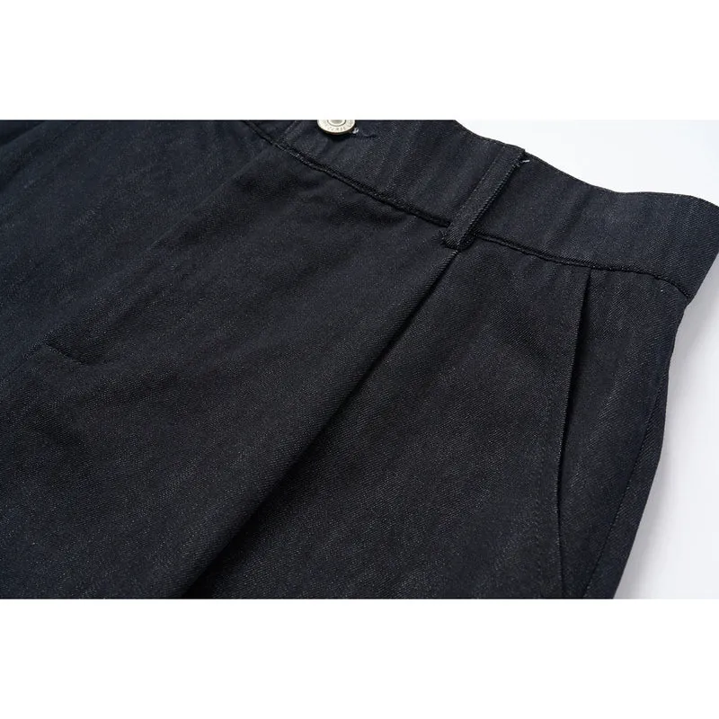 Damen Hochtaillierte weite Culotte-Hose aus Denim‑Mix mit Bundfalten und Knopfverschluss Nord Taschen