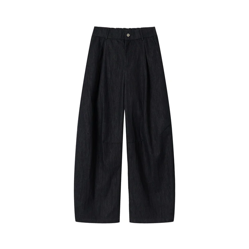 Damen Hochtaillierte weite Culotte-Hose aus Denim‑Mix mit Bundfalten und Knopfverschluss Nord Taschen
