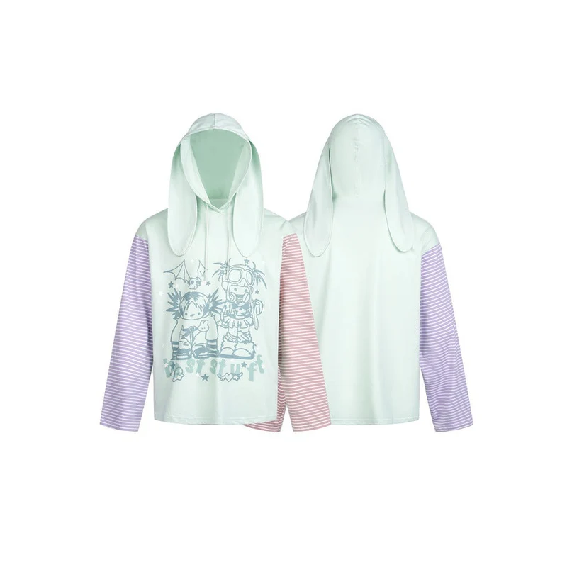 Damen Hoodie mit Kapuze und Hasenohren, gestreiften Ärmeln und Manga‑Print Nord Taschen