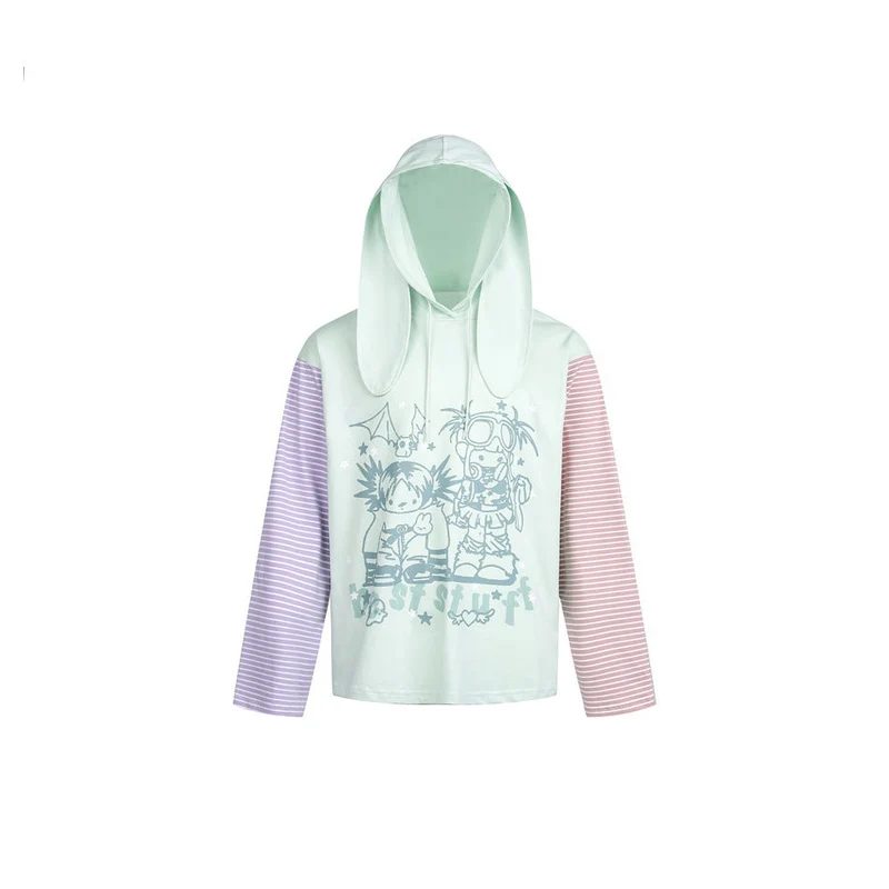 Damen Hoodie mit Kapuze und Hasenohren, gestreiften Ärmeln und Manga‑Print Nord Taschen
