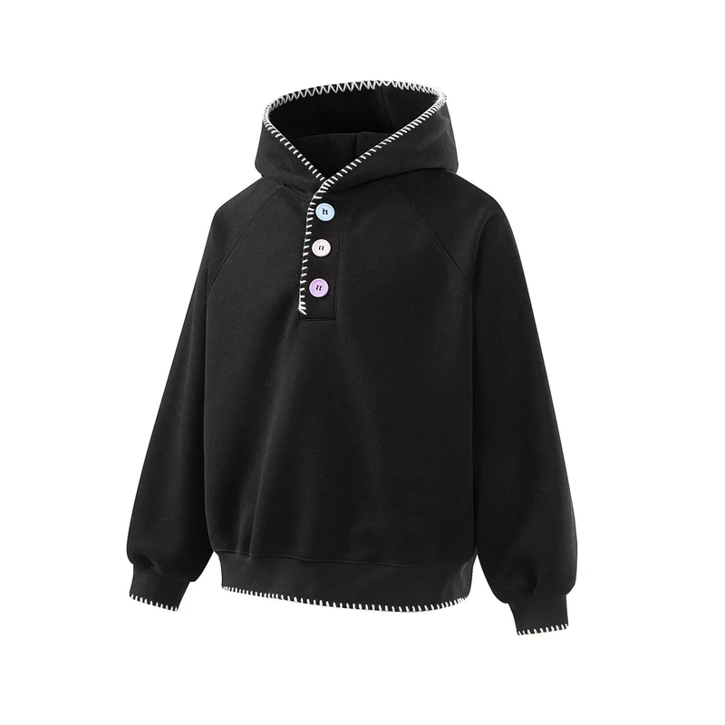 Damen Kapuzenpullover mit halber Knopfleiste, dekorativer Sattelnaht und Oversize-Schnitt Nord Taschen