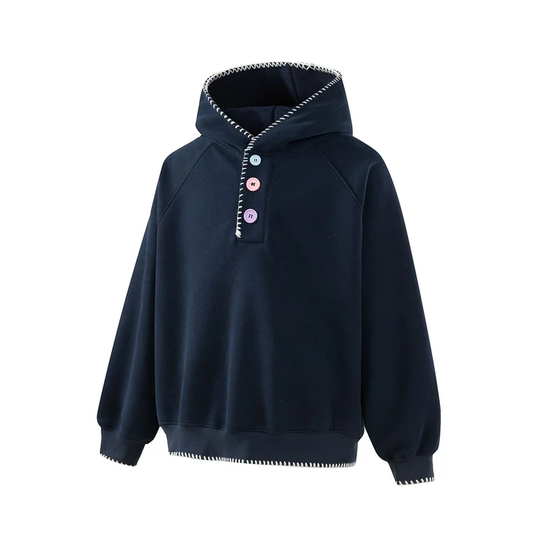 Damen Kapuzenpullover mit halber Knopfleiste, dekorativer Sattelnaht und Oversize-Schnitt Nord Taschen