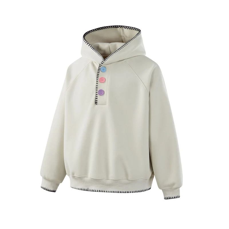 Damen Kapuzenpullover mit halber Knopfleiste, dekorativer Sattelnaht und Oversize-Schnitt Nord Taschen