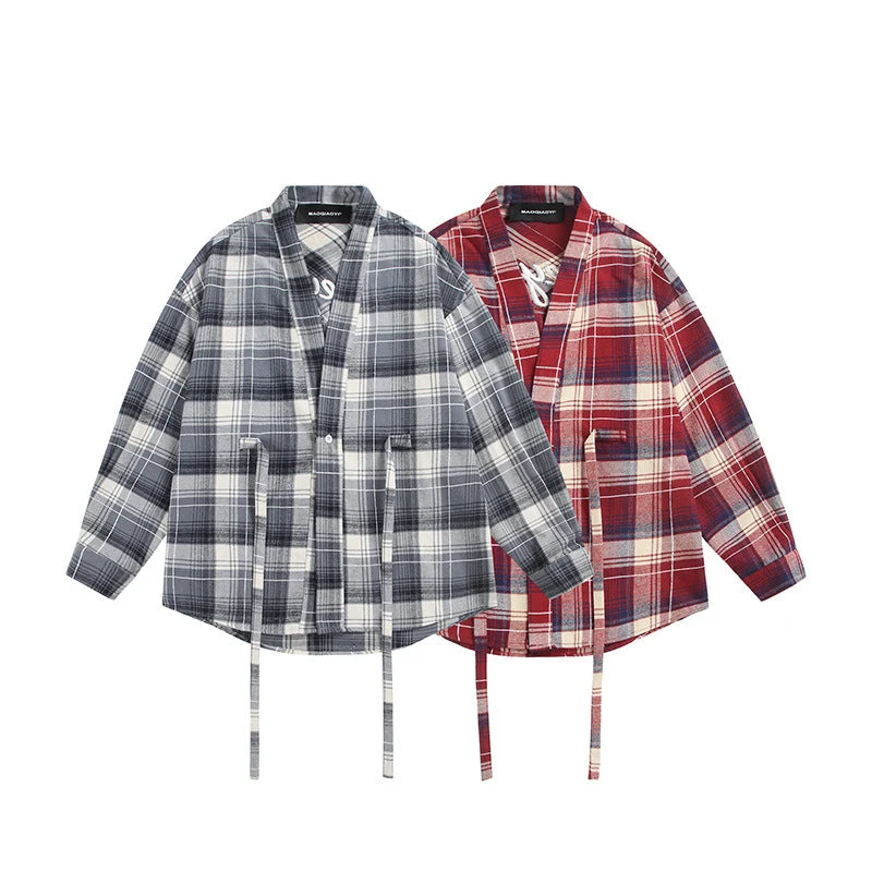 Damen Oversize Karo-Hemdjacke mit Kimono‑Schnitt, Tunnelzugbändern und aufgesetzten Taschen Nord Taschen