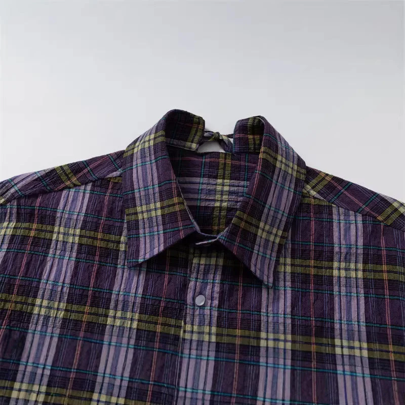 Damen Oversize-Karobluse aus leichter Baumwollmischung mit diagonalem Brusttaschen-Detail Nord Taschen