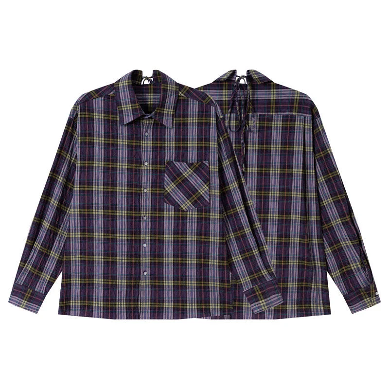 Damen Oversize-Karobluse aus leichter Baumwollmischung mit diagonalem Brusttaschen-Detail Nord Taschen