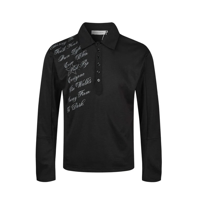 Damen Poloshirt-Langarmshirt mit Hemdkragen, Schriftprint und Strass-Applikation Nord Taschen