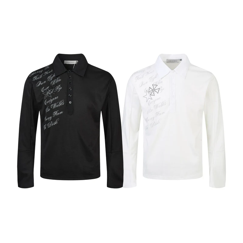 Damen Poloshirt-Langarmshirt mit Hemdkragen, Schriftprint und Strass-Applikation Nord Taschen