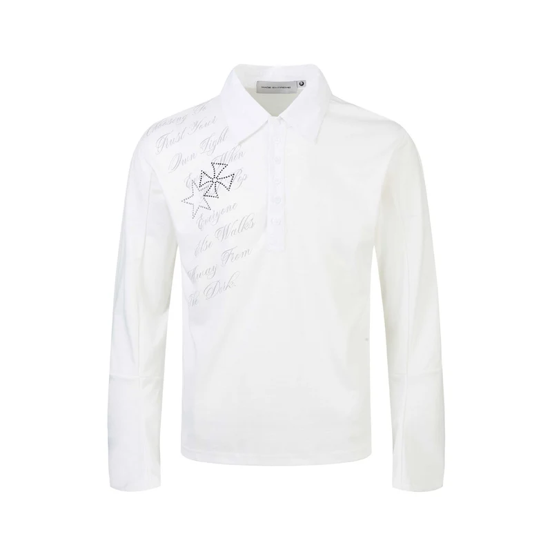 Damen Poloshirt-Langarmshirt mit Hemdkragen, Schriftprint und Strass-Applikation Nord Taschen