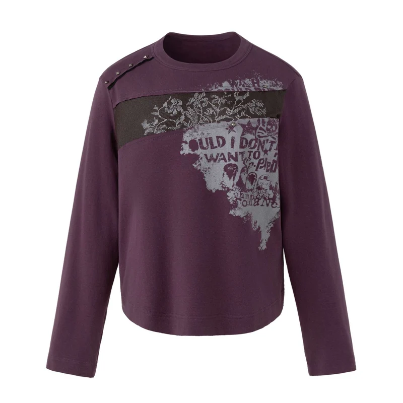 Damen Lässiges Sweatshirt mit Nietenbesatz, Print‑Einsatz und Rundhalsausschnitt Nord Taschen