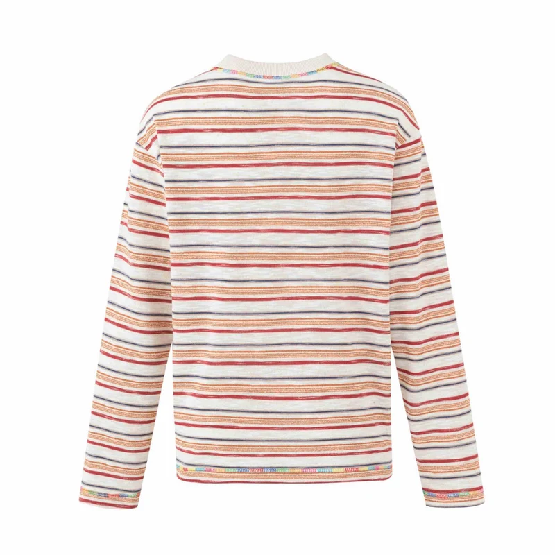 Damen Leichtes gestreiftes Langarm-Strickshirt mit Rundhalsausschnitt Nord Taschen