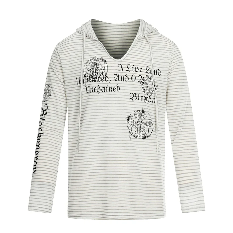 Damen Leichtes Kapuzen-Longsleeve mit V-Ausschnitt, Streifenmuster und Vintage-Print Nord Taschen