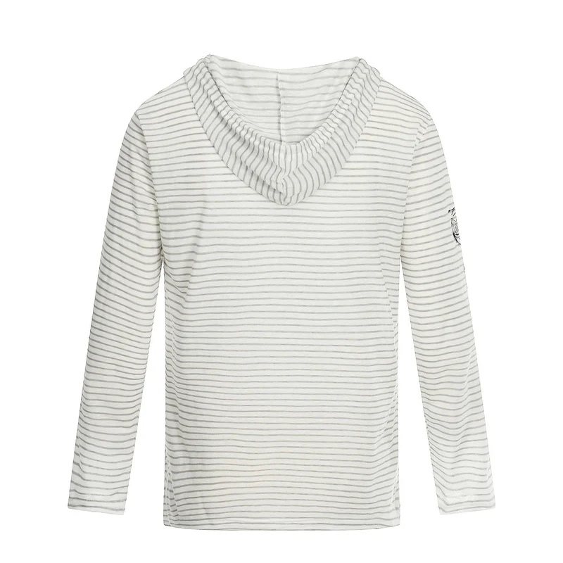 Damen Leichtes Kapuzen-Longsleeve mit V-Ausschnitt, Streifenmuster und Vintage-Print Nord Taschen