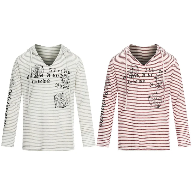 Damen Leichtes Kapuzen-Longsleeve mit V-Ausschnitt, Streifenmuster und Vintage-Print Nord Taschen