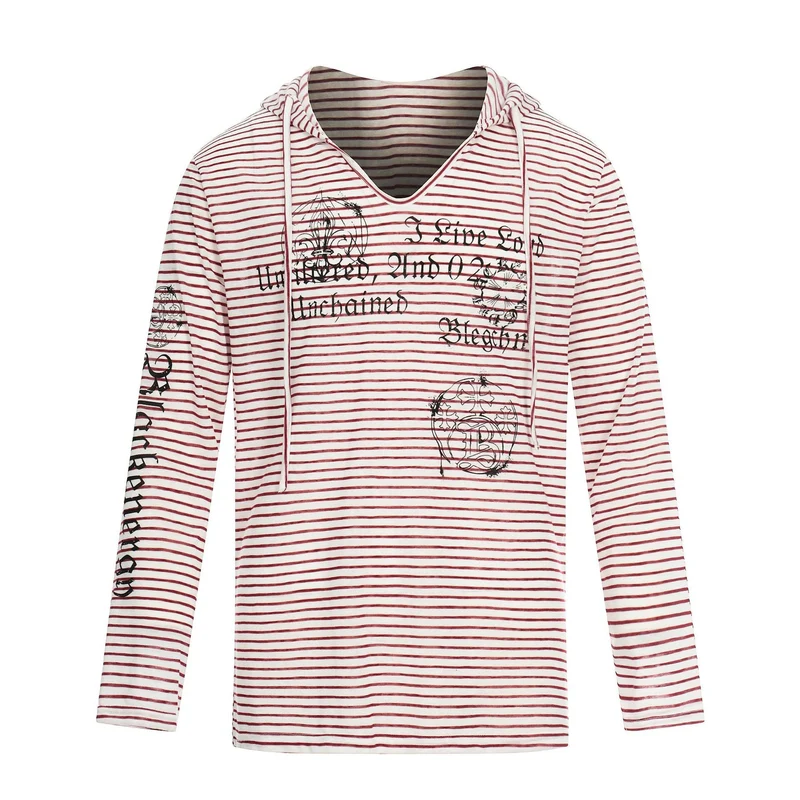 Damen Leichtes Kapuzen-Longsleeve mit V-Ausschnitt, Streifenmuster und Vintage-Print Nord Taschen