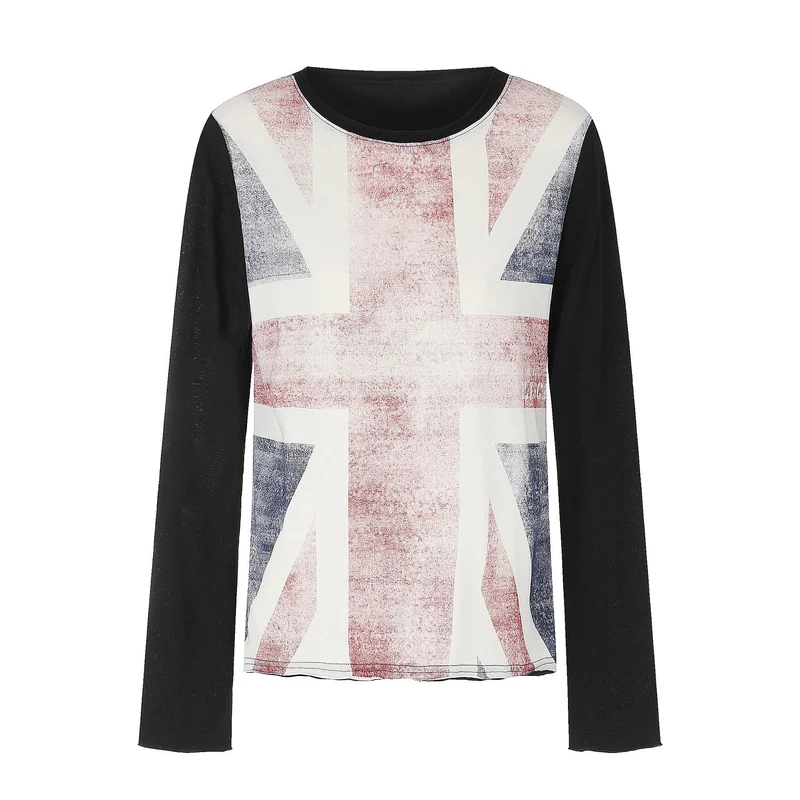 Damen Rundhals-Longsleeve aus Baumwollmix mit Vintage-Union-Jack-Print und Kontrastärmeln Nord Taschen