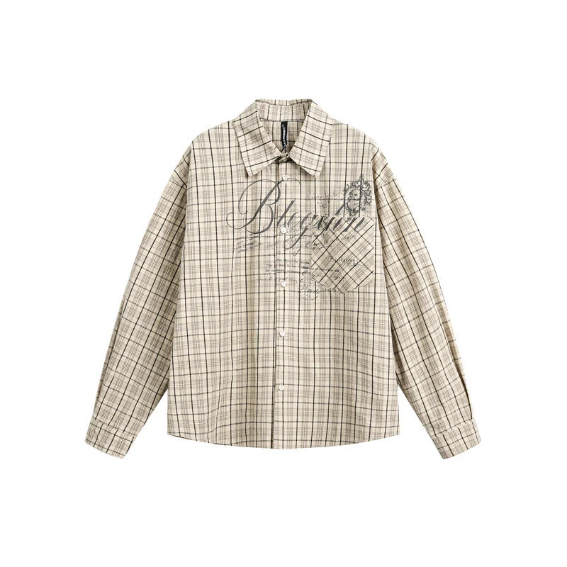 Damen Karierte Oversize-Hemdbluse mit Brusttasche und dekorativem Schriftprint Nord Taschen