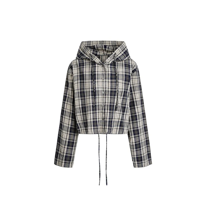 Damen Kurz geschnittene Kapuzen-Hemdjacke im Karo-Look mit Tunnelzugsaum Nord Taschen
