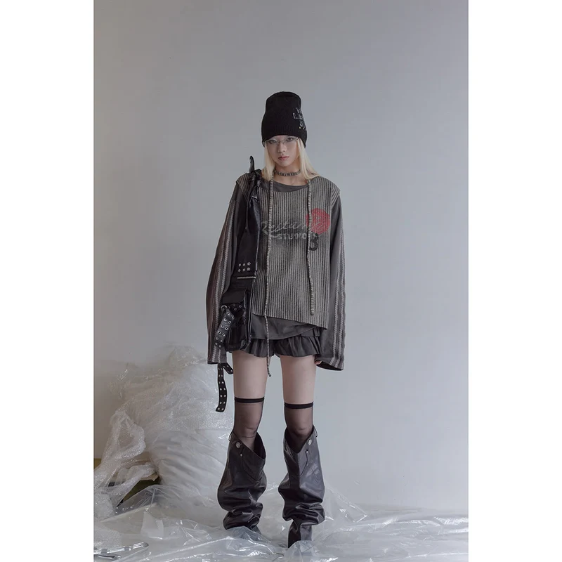 Damen Lagen-Langarmshirt mit gestreiftem Frontpanel und Spitzenband Nord Taschen