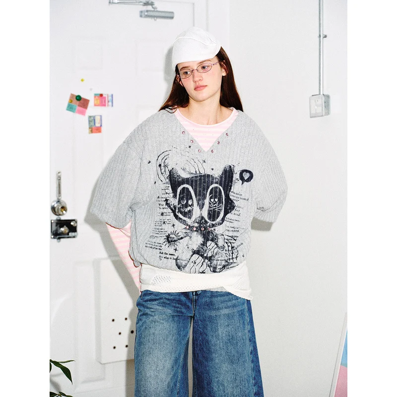 Damen Lagenlook-Longsleeve mit gestreiften Ärmelärmeln und grafischem Statement-Print Nord Taschen