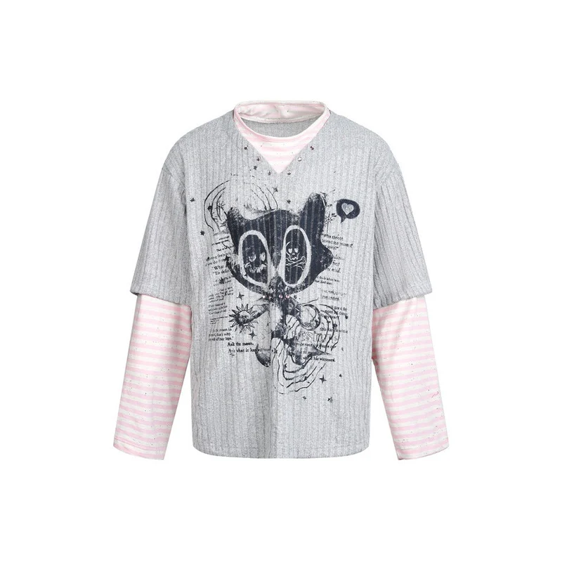 Damen Lagenlook-Longsleeve mit gestreiften Ärmelärmeln und grafischem Statement-Print Nord Taschen