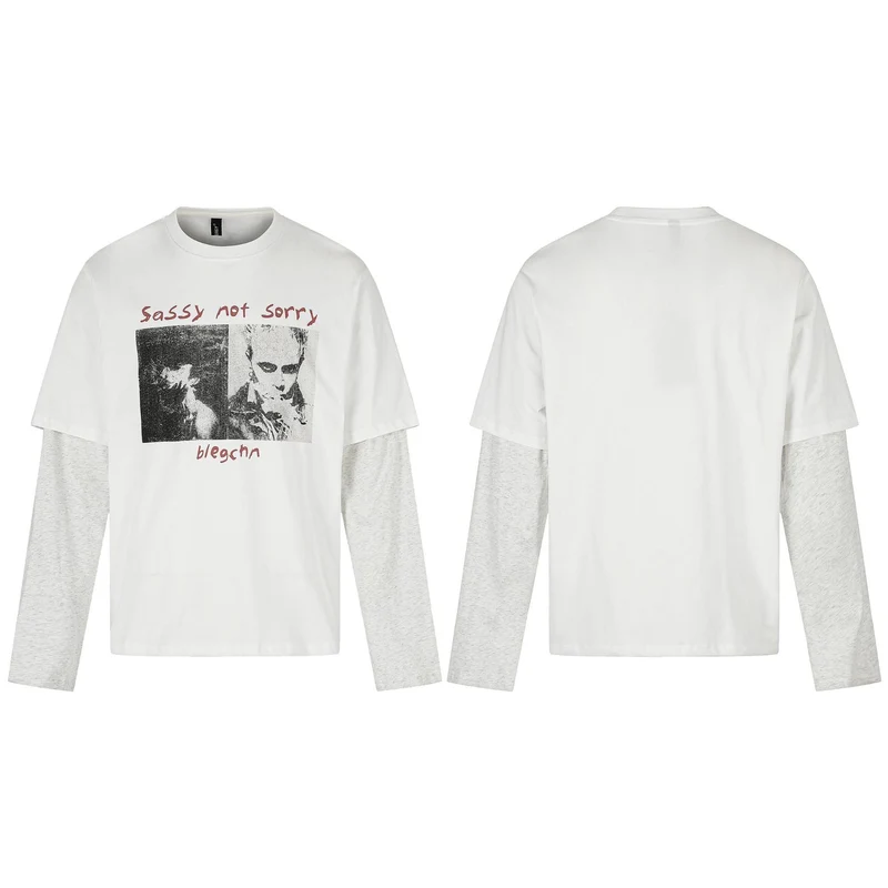 Damen Lagenlook-Longsleeve mit kontrastierenden Ärmel-Einsätzen und Vintage-Print Nord Taschen