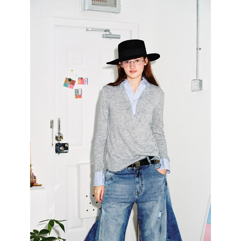 Damen Lagenlook-Pullover mit integriertem Hemdkragen und Manschetten Nord Taschen