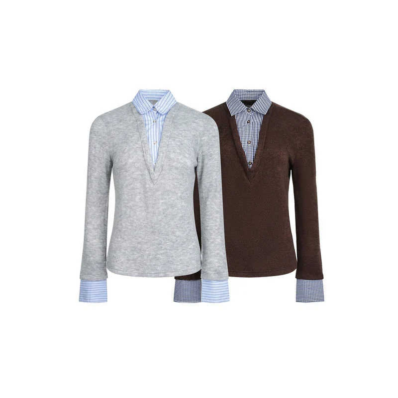 Damen Lagenlook-Pullover mit integriertem Hemdkragen und Manschetten Nord Taschen