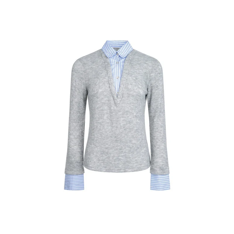 Damen Lagenlook-Pullover mit integriertem Hemdkragen und Manschetten Nord Taschen