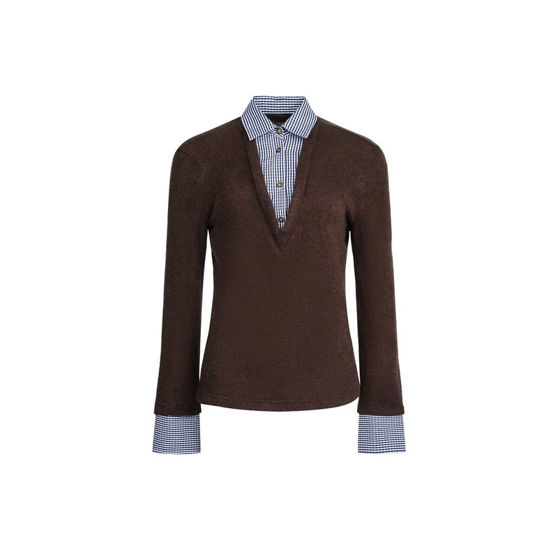 Damen Lagenlook-Pullover mit integriertem Hemdkragen und Manschetten Nord Taschen