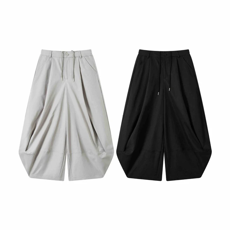 Damen Weite High-Waist Bermuda-Hose mit Bundfalten und Kordel Nord Taschen