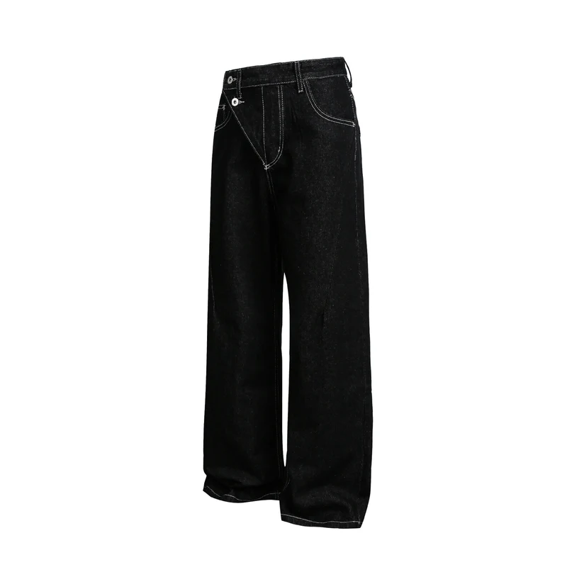 Damen Weite High-Waist Jeanshose mit asymmetrischem Knopfverschluss und Kontrastnähten Nord Taschen