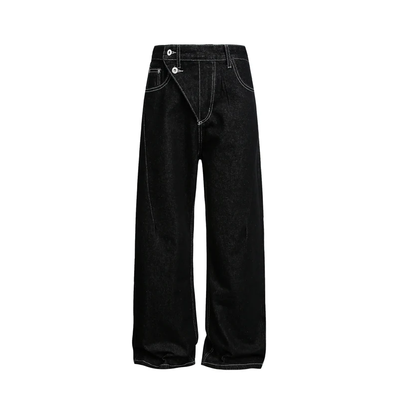 Damen Weite High-Waist Jeanshose mit asymmetrischem Knopfverschluss und Kontrastnähten Nord Taschen