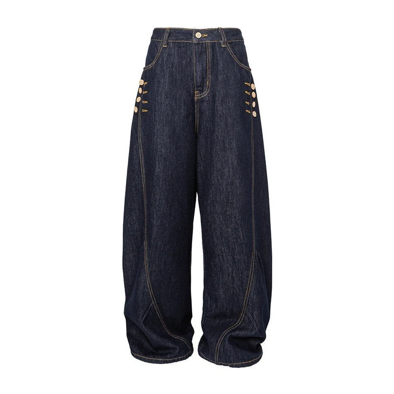 Damen Weite High‑Waist Jeanshose mit Ballon‑Silhouette und seitlichen Zierknöpfen Nord Taschen