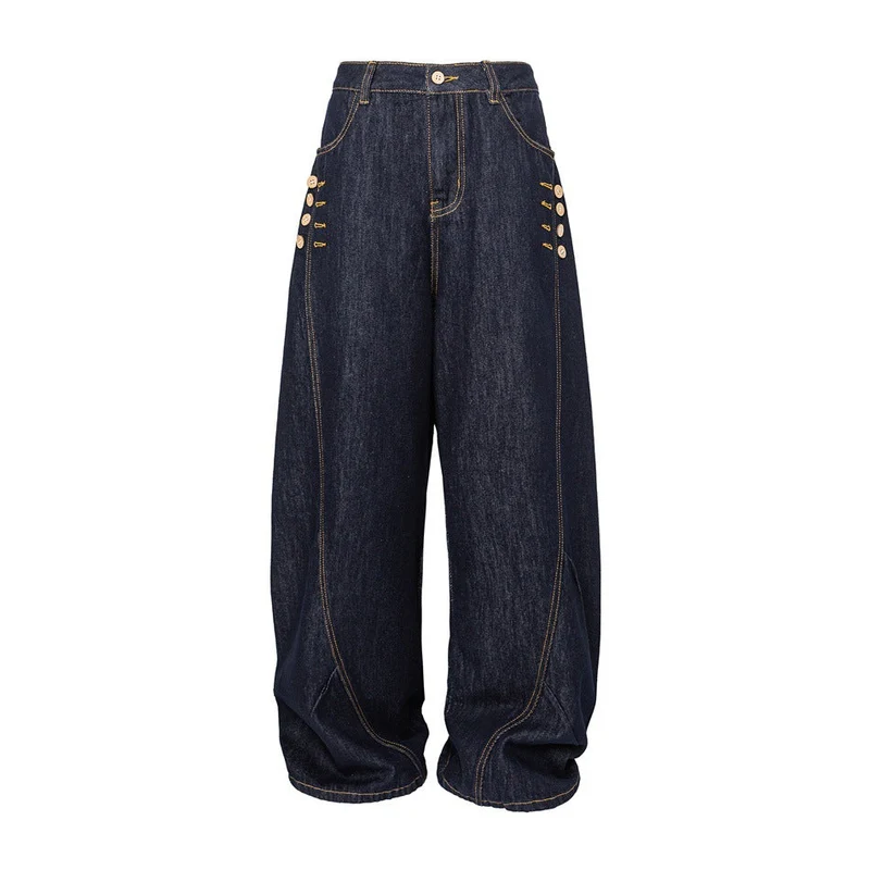 Damen Weite High‑Waist Jeanshose mit Ballon‑Silhouette und seitlichen Zierknöpfen Nord Taschen