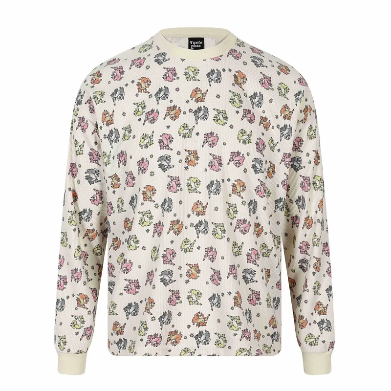 Damen Waffel‑Thermalshirt mit verspieltem Allover‑Print und geripptem Rundhals Nord Taschen