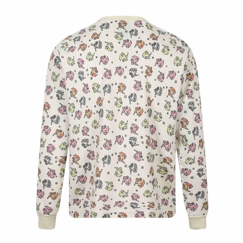 Damen Waffel‑Thermalshirt mit verspieltem Allover‑Print und geripptem Rundhals Nord Taschen