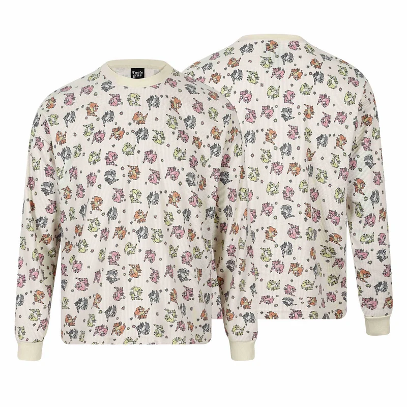 Damen Waffel‑Thermalshirt mit verspieltem Allover‑Print und geripptem Rundhals Nord Taschen