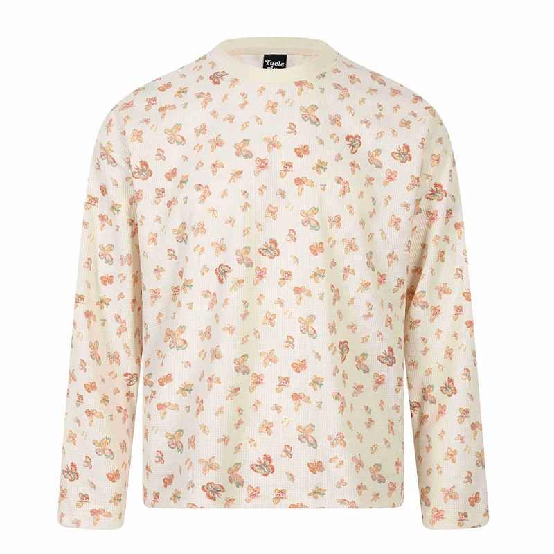 Damen Waffelstrick-Langarmshirt mit Allover-Schmetterlingsprint und Rundhals Nord Taschen