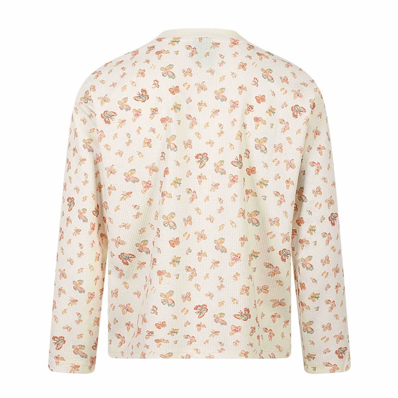 Damen Waffelstrick-Langarmshirt mit Allover-Schmetterlingsprint und Rundhals Nord Taschen