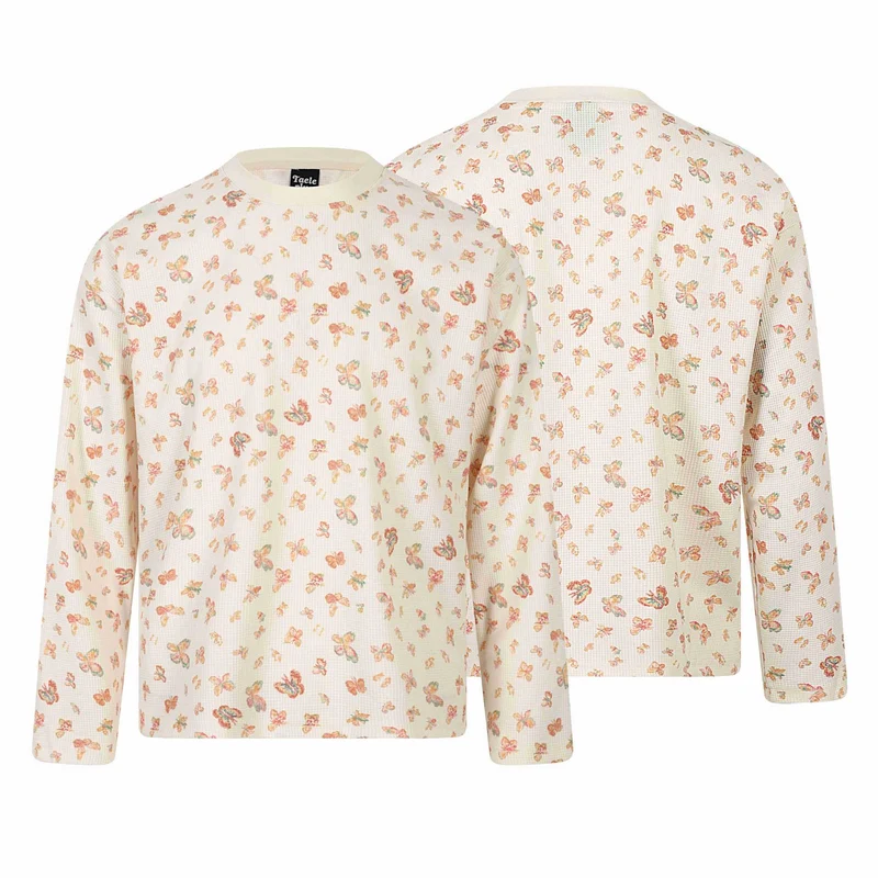 Damen Waffelstrick-Langarmshirt mit Allover-Schmetterlingsprint und Rundhals Nord Taschen