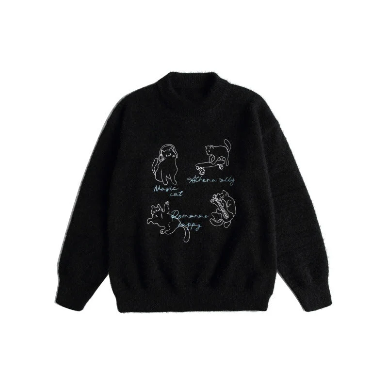 Damen Weicher Pullover mit verspielter Katzenstickerei und leichtem Stehkragen Nord Taschen