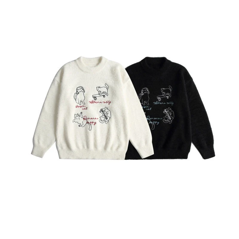 Damen Weicher Pullover mit verspielter Katzenstickerei und leichtem Stehkragen Nord Taschen