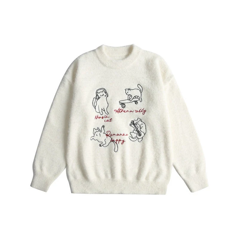 Damen Weicher Pullover mit verspielter Katzenstickerei und leichtem Stehkragen Nord Taschen