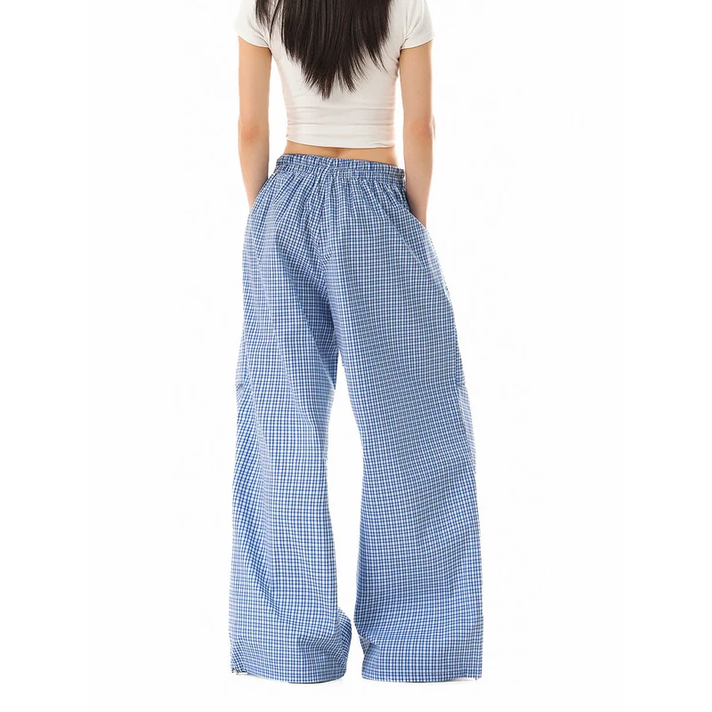 Damen Weite Baumwollhose mit elastischem Bund, Karomuster und verstellbarer Saumkordel Nord Taschen